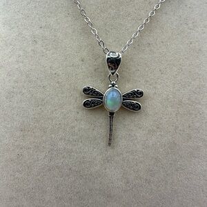 Opal and Silver Dragonfly Pendant on Box Chain